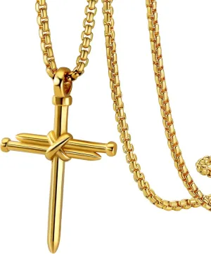 Men Religious Jewelry Stainless Steel/Black Metal/18K Gold Plated 22 Inch Box Rope Chain Nail Cross Pendant/Virgin Mary Medal/St. Benedict/St. Christopher Necklaces for Christmas Birthday