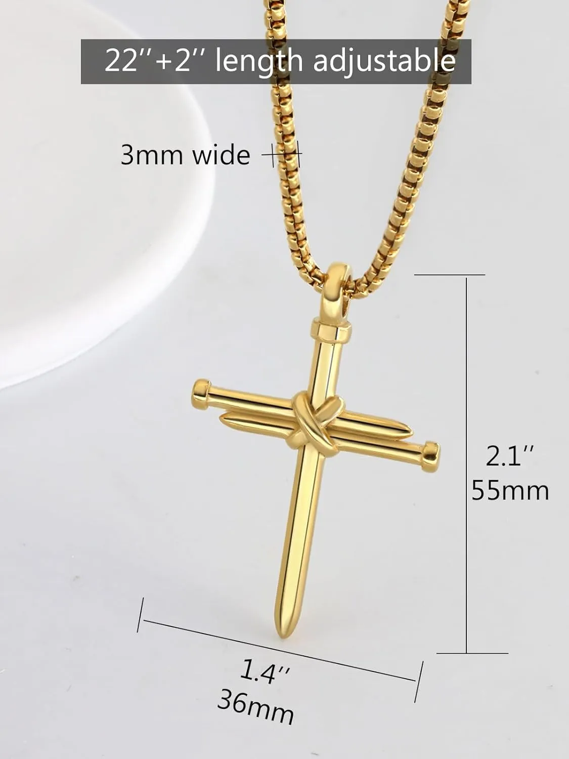 Men Religious Jewelry Stainless Steel/Black Metal/18K Gold Plated 22 Inch Box Rope Chain Nail Cross Pendant/Virgin Mary Medal/St. Benedict/St. Christopher Necklaces for Christmas Birthday