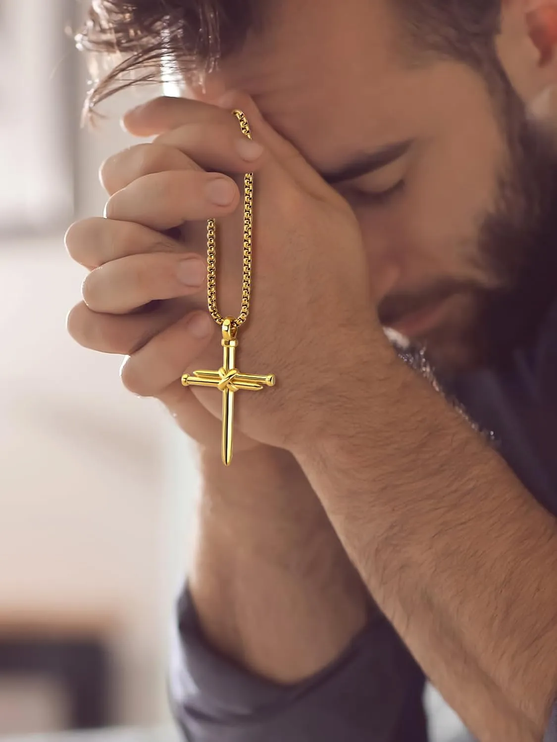 Men Religious Jewelry Stainless Steel/Black Metal/18K Gold Plated 22 Inch Box Rope Chain Nail Cross Pendant/Virgin Mary Medal/St. Benedict/St. Christopher Necklaces for Christmas Birthday