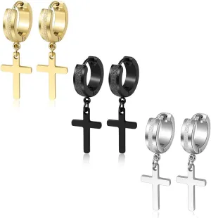 Men Women Stainless Steel Cross Earrings Set Dangle Hinged Earrings of Dangle Hinged Earrings Cross hoop Earrings