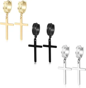Men Women Stainless Steel Cross Earrings Set Dangle Hinged Earrings of Dangle Hinged Earrings Cross hoop Earrings