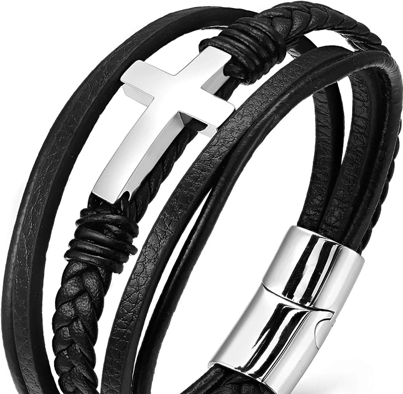 Mens Black braided leather Bangle Bracelet, Stainless Steel Cross, Multi-strand, Classic