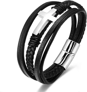 Mens Black braided leather Bangle Bracelet, Stainless Steel Cross, Multi-strand, Classic