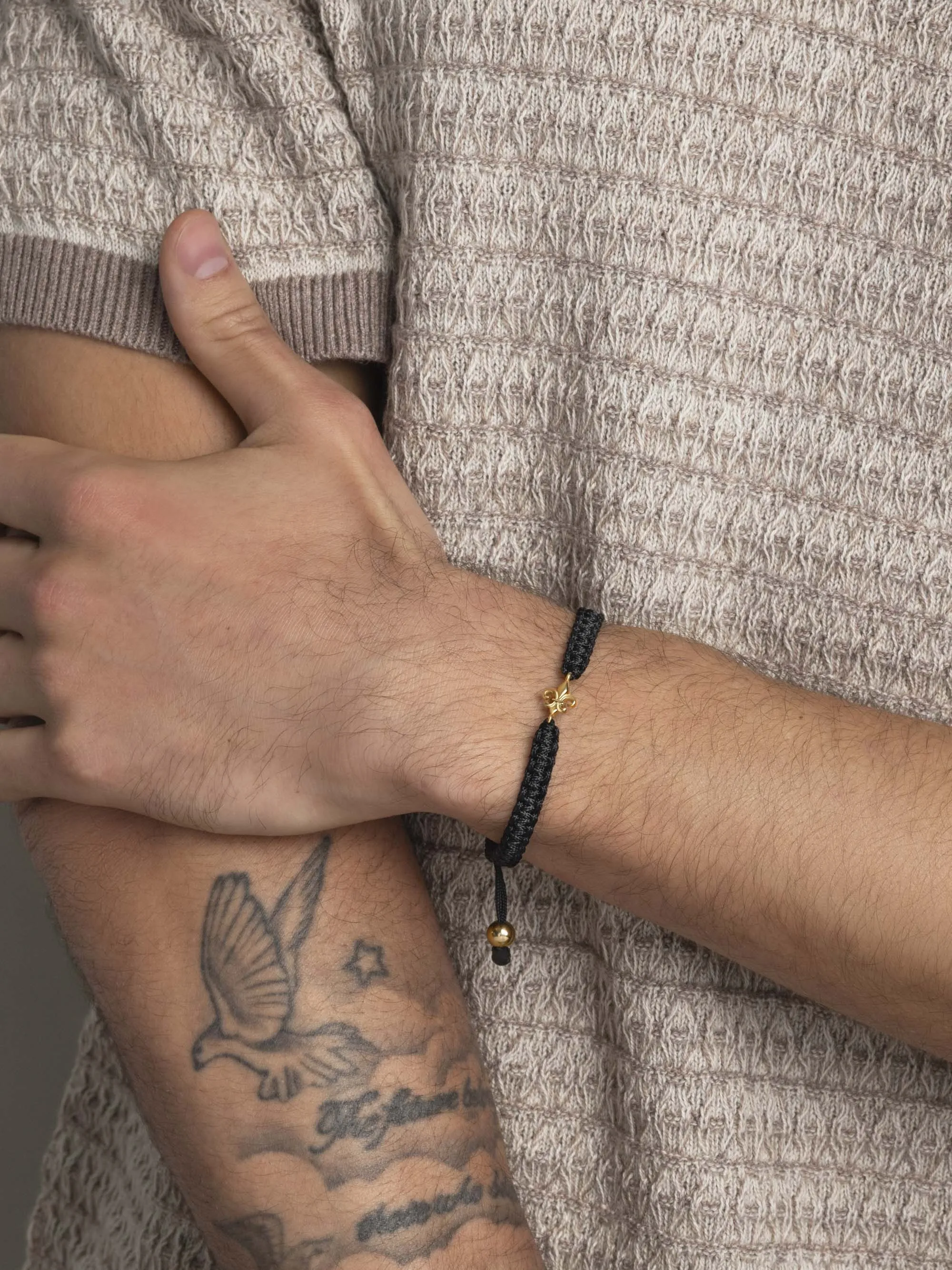 Men's Black String Bracelet with Gold Fleur De Lis