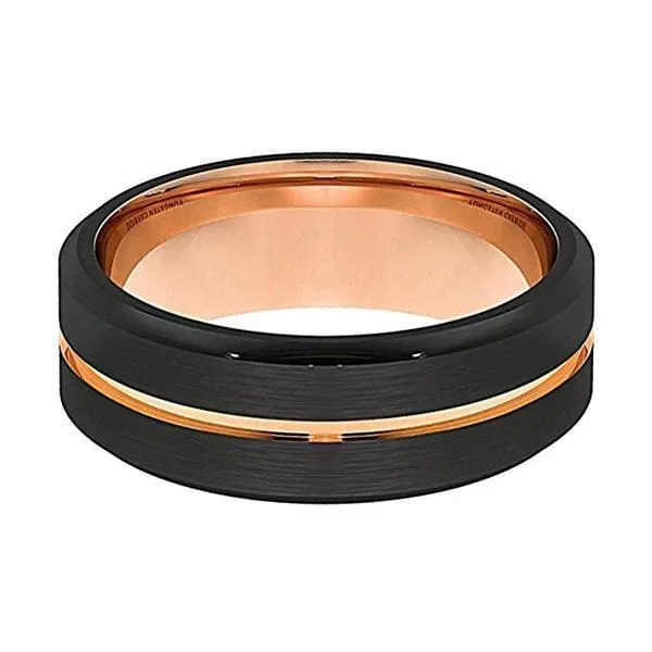 Men's Black Tungsten Ring With Rose Gold Grooved Center Beveled Edges - 6mm & 8mm