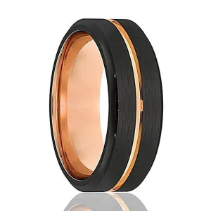Men's Black Tungsten Ring With Rose Gold Grooved Center Beveled Edges - 6mm & 8mm