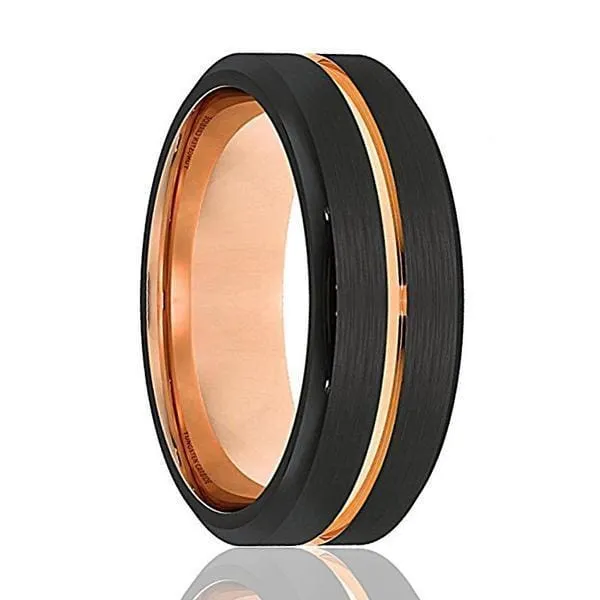 Men's Black Tungsten Ring With Rose Gold Grooved Center Beveled Edges - 6mm & 8mm