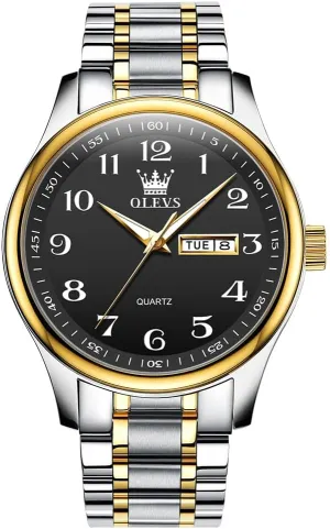 Men's Casual Stainless Steel Watch, Big Face Easy to Read Analog Quartz Watch with Day and Date, Classic Waterproof Diamond Roman Arabic Numerals Dial Dress Watch for Men, Gold Silver Black Band
