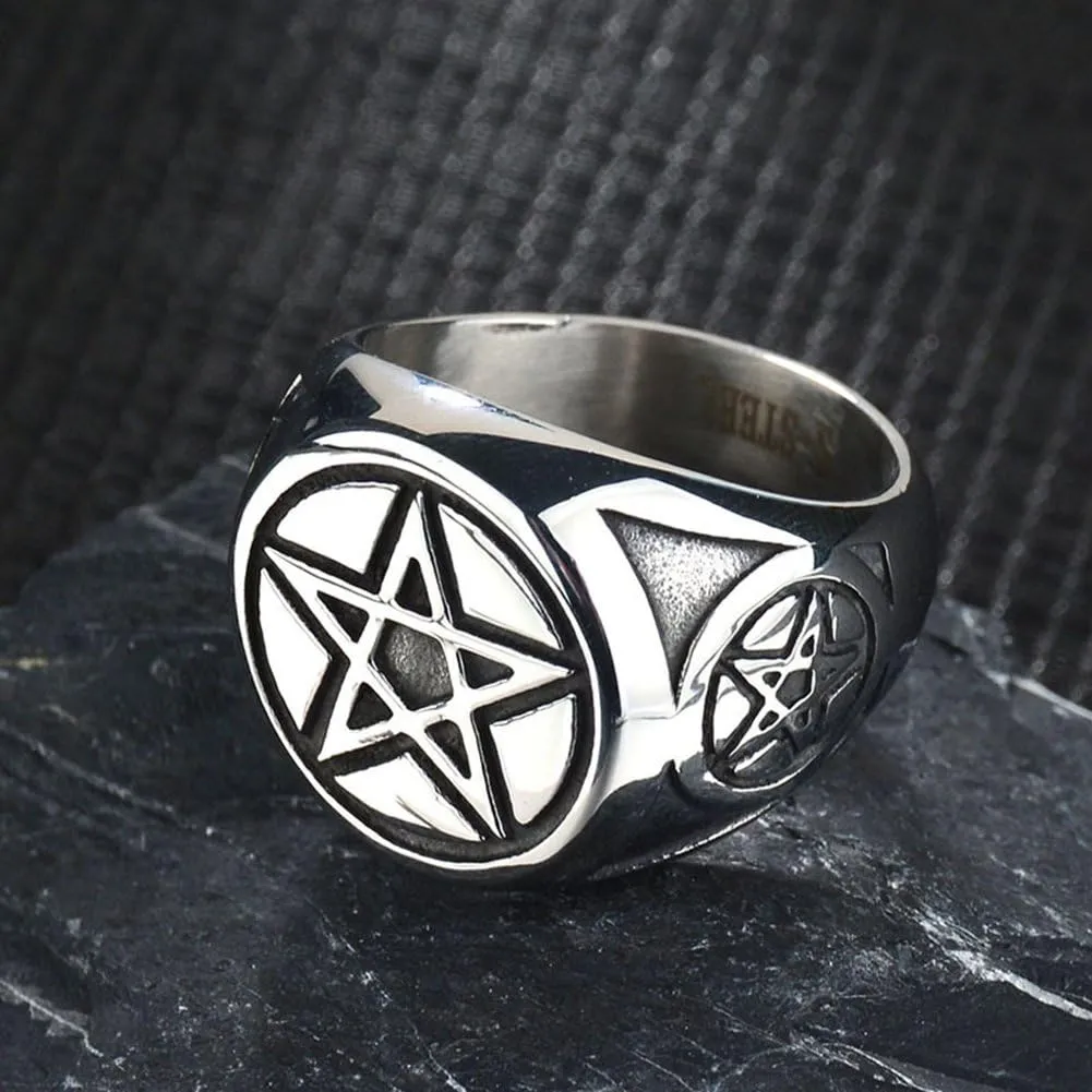 Men's Stainless Steel Ring Silver Tone Black Pentagram Pentacle Round Signet Band Rings,08-11#