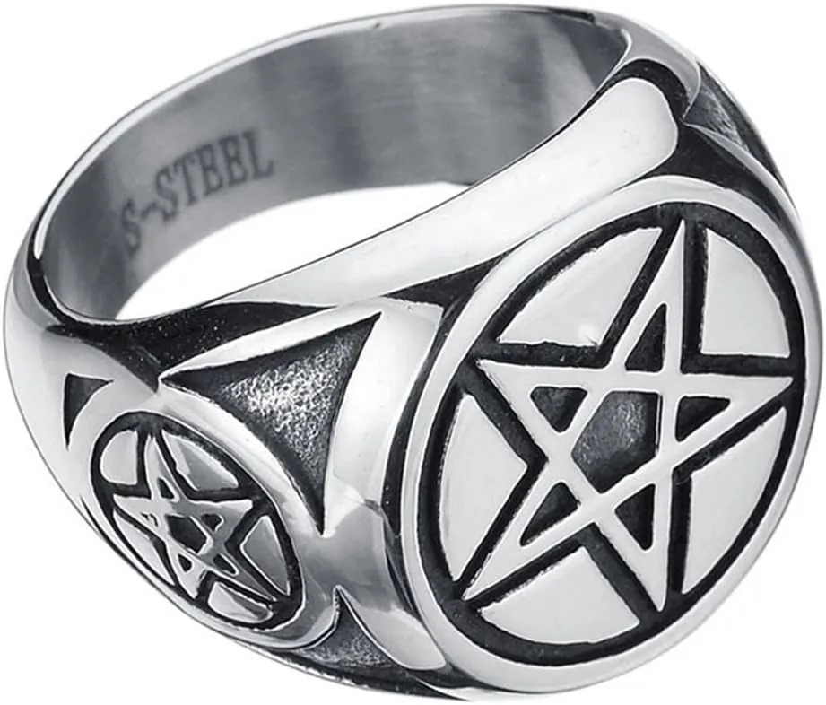 Men's Stainless Steel Ring Silver Tone Black Pentagram Pentacle Round Signet Band Rings,08-11#
