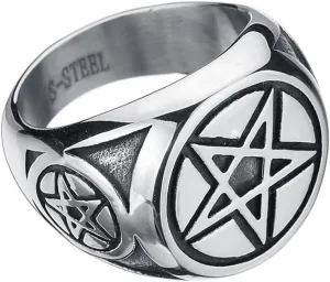 Men's Stainless Steel Ring Silver Tone Black Pentagram Pentacle Round Signet Band Rings,08-11#