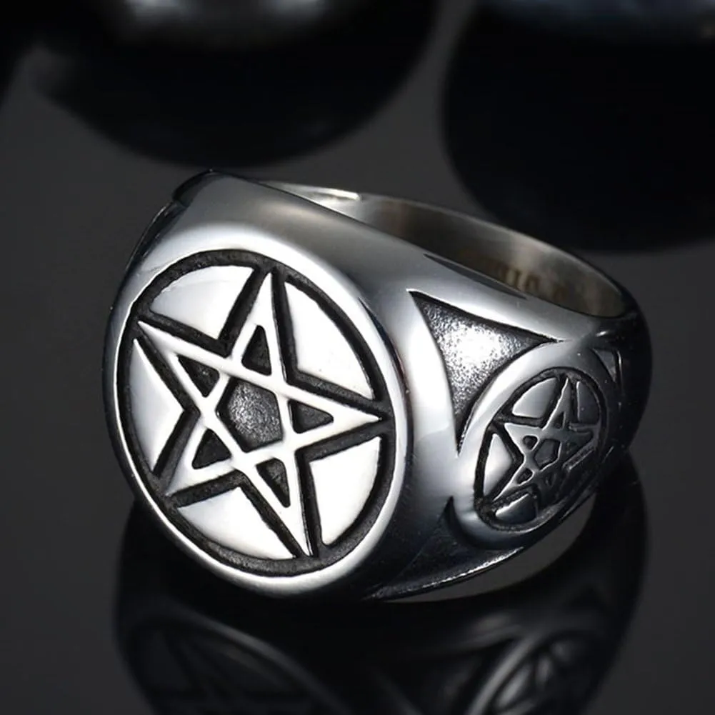 Men's Stainless Steel Ring Silver Tone Black Pentagram Pentacle Round Signet Band Rings,08-11#