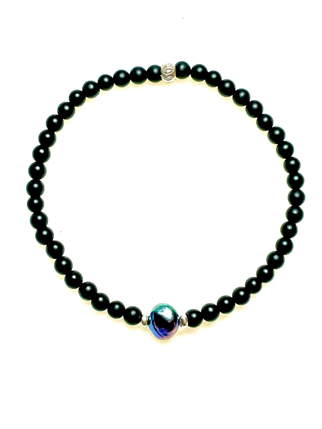 Men's Tahitian Black Pearl and Matte Black Onyx Bracelet, Thai Fine Silver, June Birthstone, Anniiversary Gift, Minimalist Stretch Bracelet.