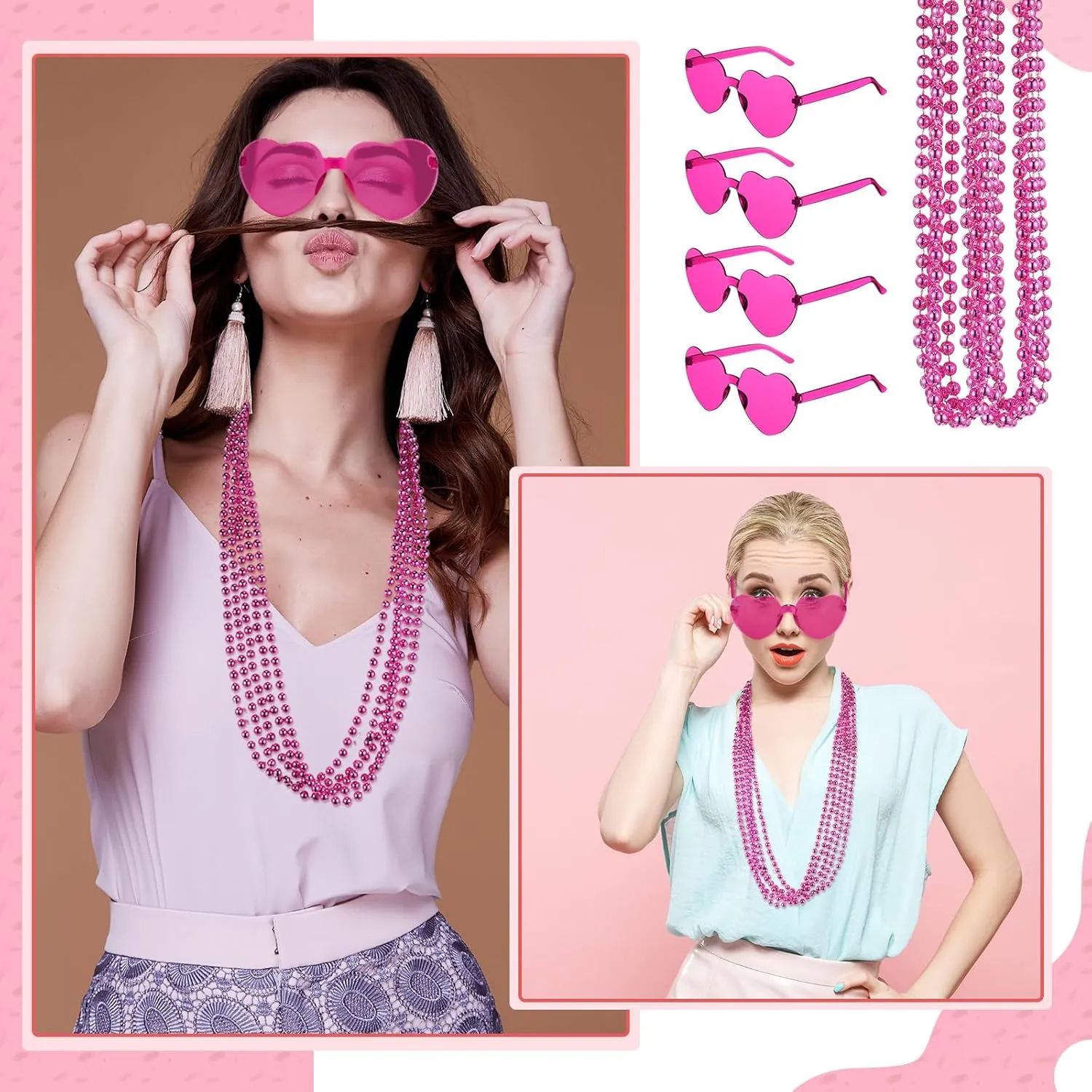 Mepase 24 Pcs Beads Necklaces and Heart Sunglasses 80s Accessories for Adults Wedding Graduation Summer Party Favor
