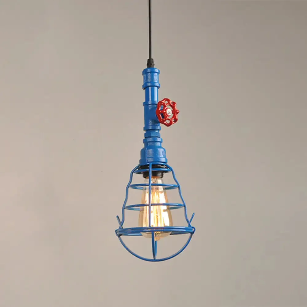 Metal Cage Pendant Light with Red Valve Deco – Industrial Single Bulb Suspension Fixture