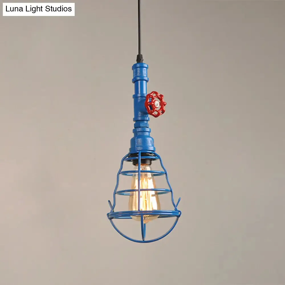 Metal Cage Pendant Light with Red Valve Deco – Industrial Single Bulb Suspension Fixture