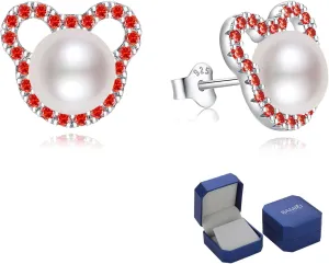 Mickey Pearl Earrings for Women, S925 Sterling Silver and Zircon Stud Earrings, Freshwater Cultured Pearls Cute Mickey Mouse Jewelry Gifts for Mom Grandmother