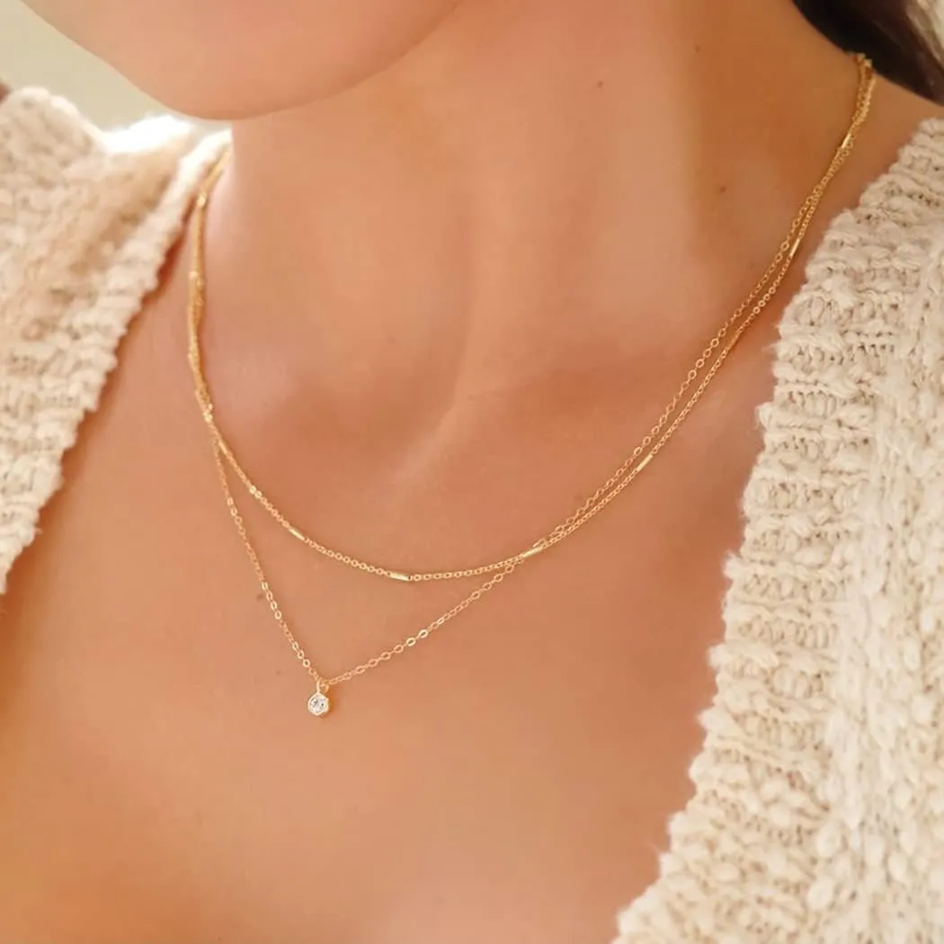 MIDEEO CZ Diamond Necklace for Women Dainty Layered Cubic Zirconia Solitaire Pendant Necklace Gold Plated Waterdrop Shape Square Emerald Green CZ Simulated Diamond Bridesmaid Necklace