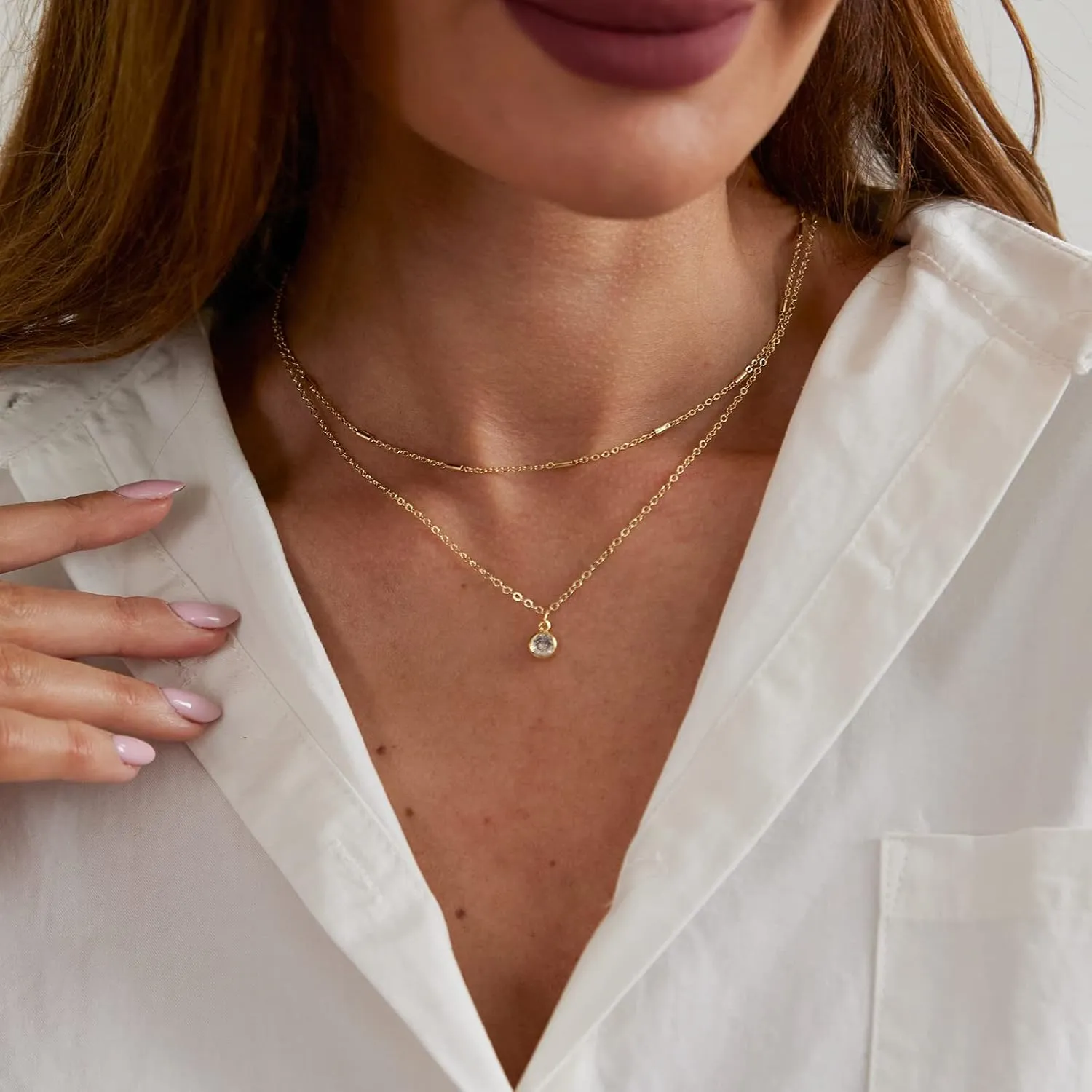 MIDEEO CZ Diamond Necklace for Women Dainty Layered Cubic Zirconia Solitaire Pendant Necklace Gold Plated Waterdrop Shape Square Emerald Green CZ Simulated Diamond Bridesmaid Necklace