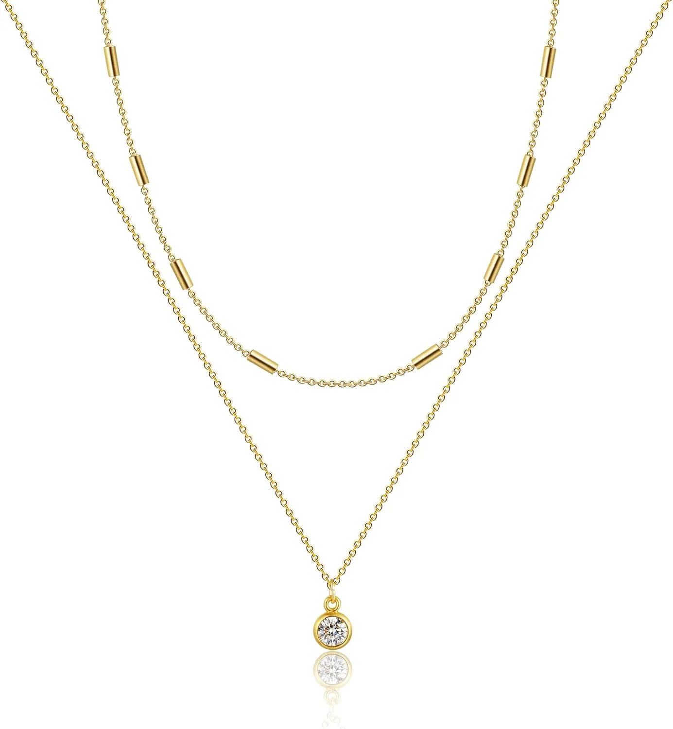 MIDEEO CZ Diamond Necklace for Women Dainty Layered Cubic Zirconia Solitaire Pendant Necklace Gold Plated Waterdrop Shape Square Emerald Green CZ Simulated Diamond Bridesmaid Necklace