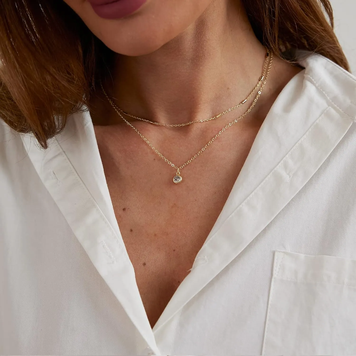 MIDEEO CZ Diamond Necklace for Women Dainty Layered Cubic Zirconia Solitaire Pendant Necklace Gold Plated Waterdrop Shape Square Emerald Green CZ Simulated Diamond Bridesmaid Necklace