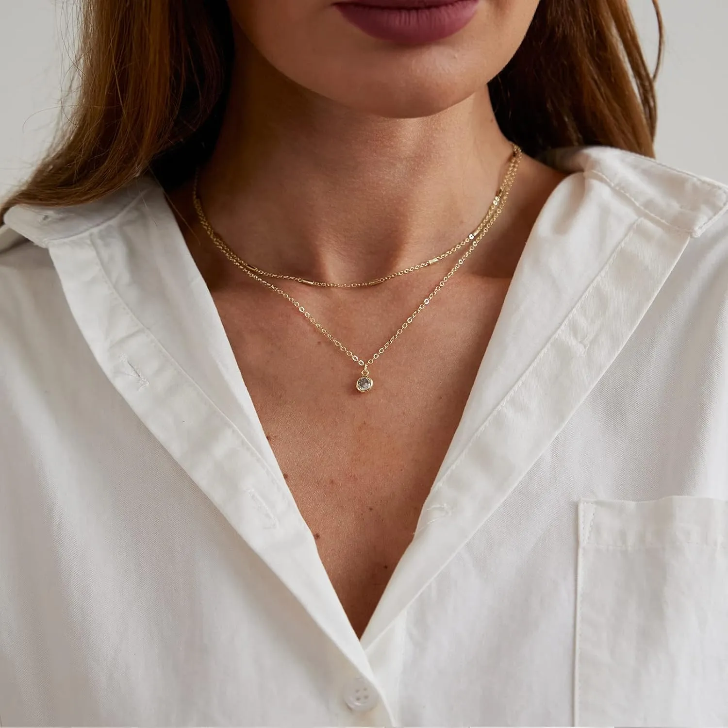 MIDEEO CZ Diamond Necklace for Women Dainty Layered Cubic Zirconia Solitaire Pendant Necklace Gold Plated Waterdrop Shape Square Emerald Green CZ Simulated Diamond Bridesmaid Necklace