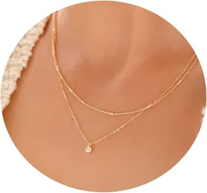 MIDEEO CZ Diamond Necklace for Women Dainty Layered Cubic Zirconia Solitaire Pendant Necklace Gold Plated Waterdrop Shape Square Emerald Green CZ Simulated Diamond Bridesmaid Necklace