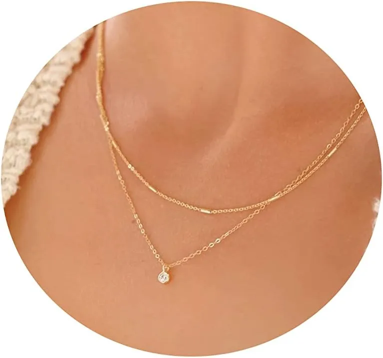MIDEEO CZ Diamond Necklace for Women Dainty Layered Cubic Zirconia Solitaire Pendant Necklace Gold Plated Waterdrop Shape Square Emerald Green CZ Simulated Diamond Bridesmaid Necklace