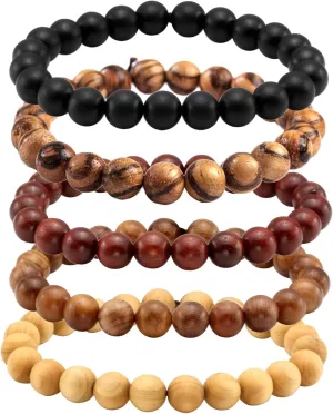 MILAKOO 5Pcs Natural Wood Bracelets with Hematite Stone Cross Religious Tibetan Buddhist Christian Style