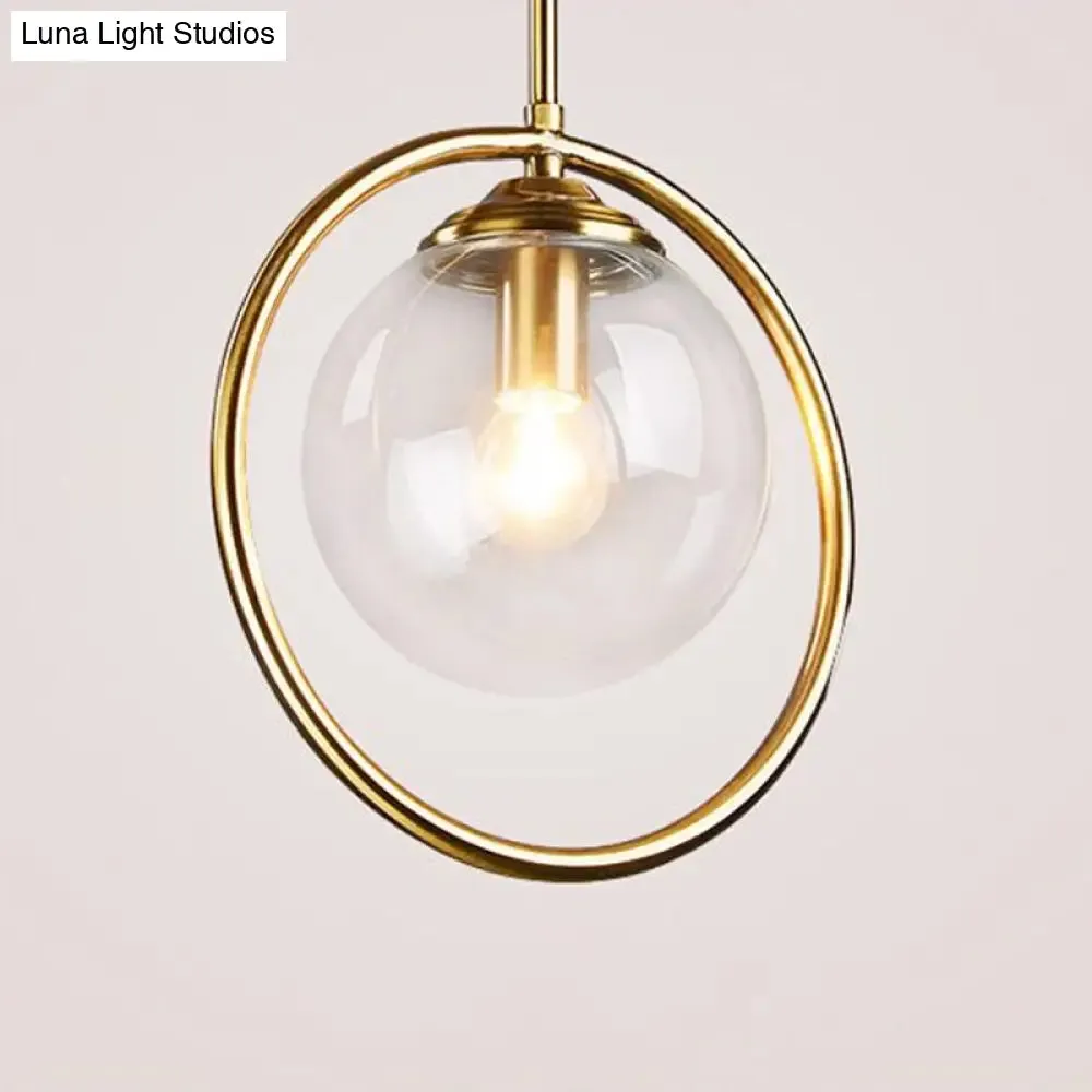 Minimalist Brass Plated Ball Drop Pendant Light with Clear Glass and Ring Decoration