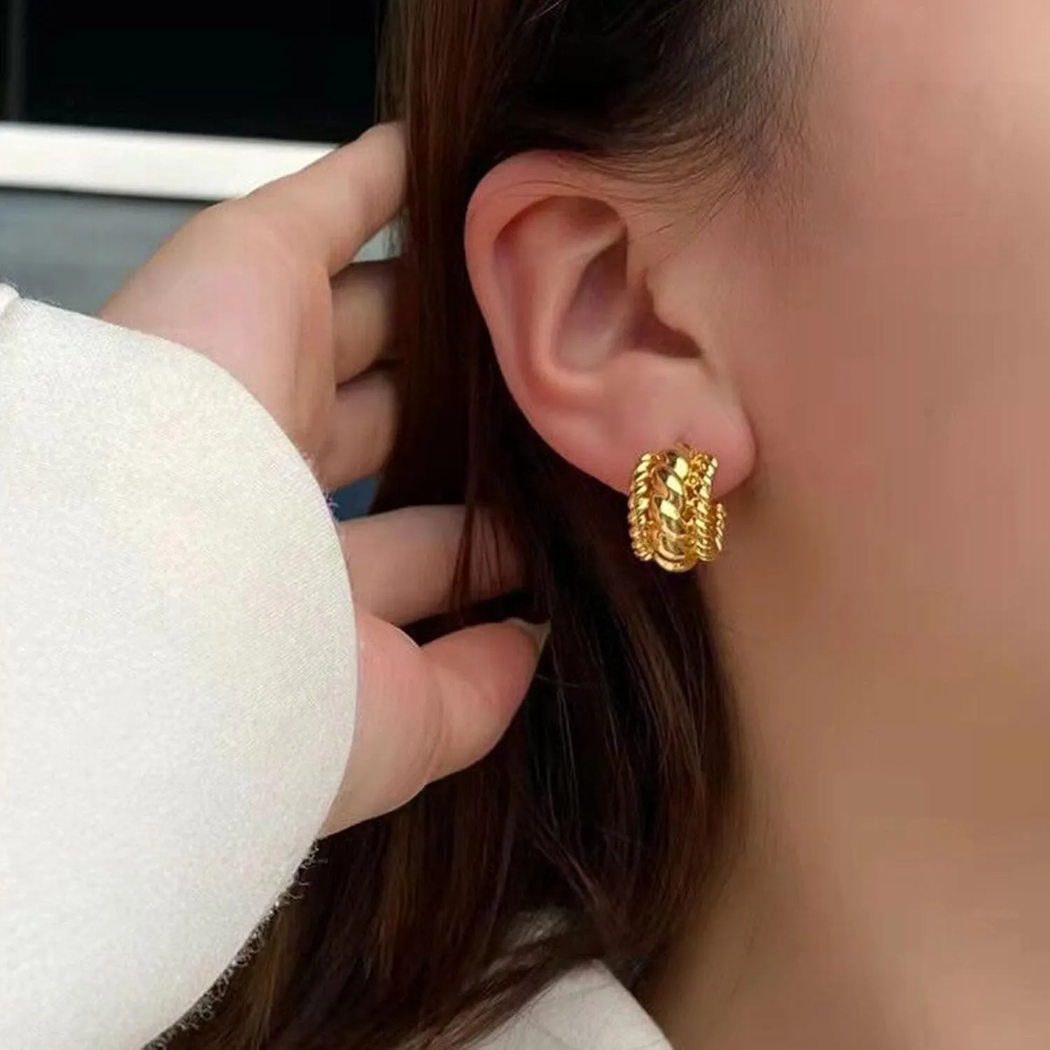Minimalist Thick Half Hoop Earrings Metal C Shape Earrings Gold Chunky Twist Open Hoop Earrings Twisted Rope Hoop Earrings Jewelry for Women(Twisted Rope)