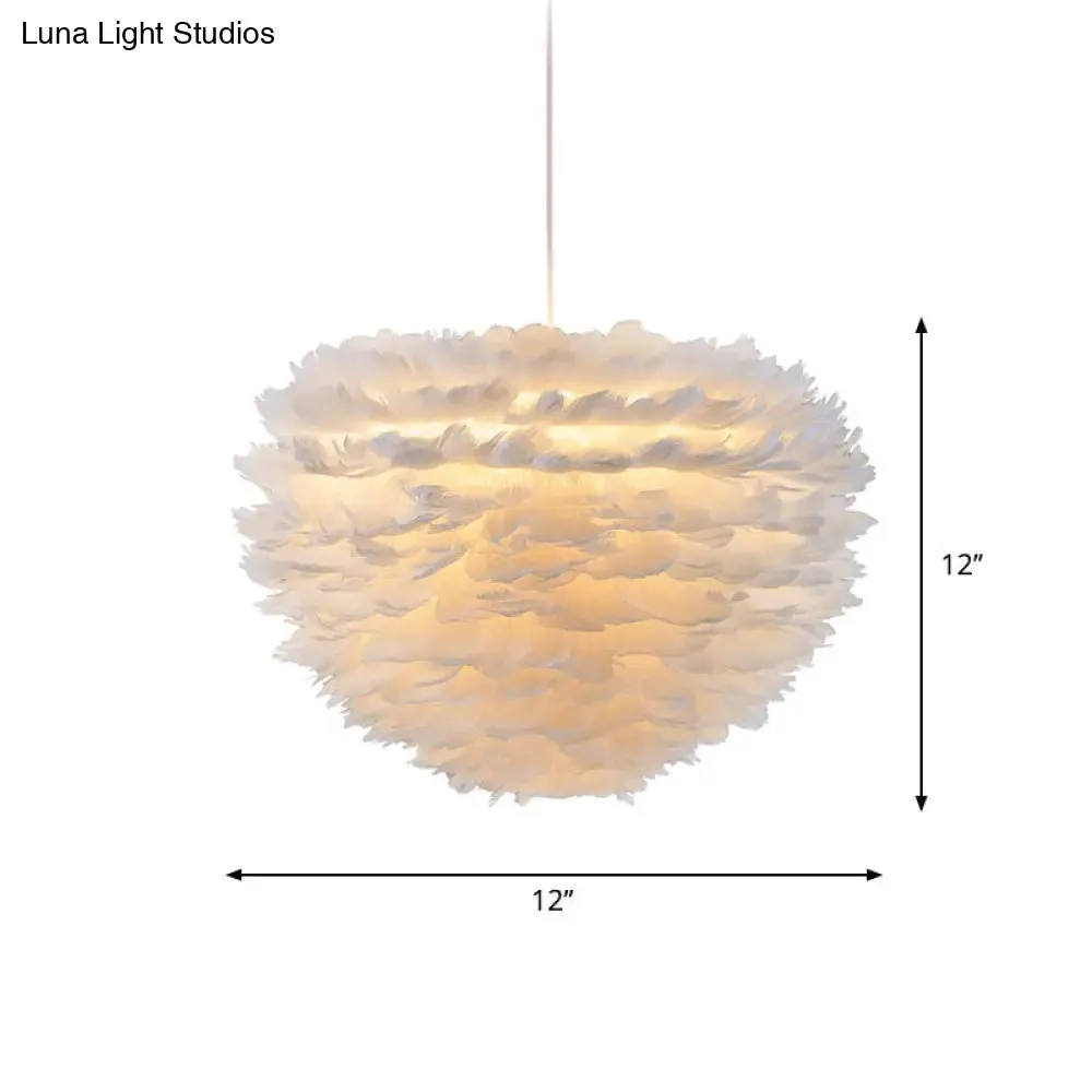 Minimalist White Dome Pendant Ceiling Light with Feather Accent for Girls Bedroom