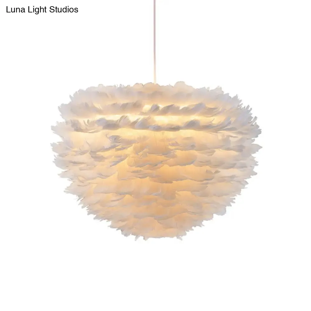 Minimalist White Dome Pendant Ceiling Light with Feather Accent for Girls Bedroom
