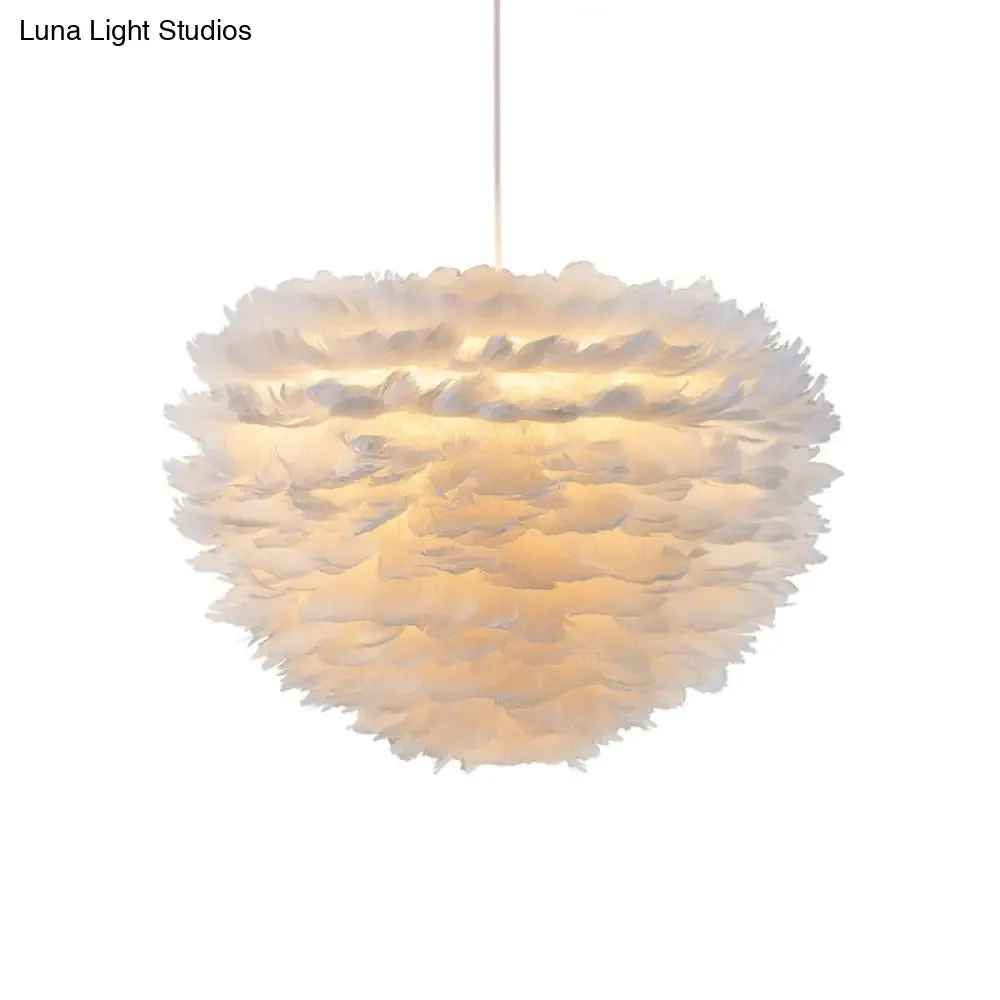 Minimalist White Dome Pendant Ceiling Light with Feather Accent for Girls Bedroom