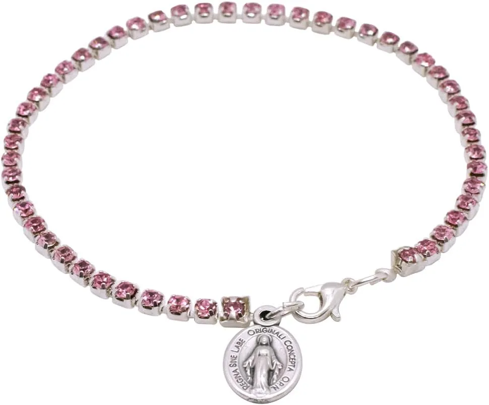 Miraculous Medal Pink Crystal Tennis Bracelet | Catholic Jewelry | Great Religious Gift for First Holy Communion or Confirmation | Christian Wrist Accessory