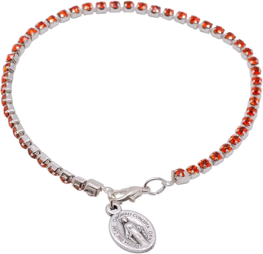 Miraculous Medal Tennis Bracelet | Orange Crystals | Catholic Jewelry | Great Religious Gift for First Holy Communion or Confirmation | Christian Wrist Accessory