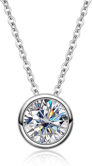 Moissanite 0.5-3ct Necklaces, 18K White Gold Plated 925 Sterling SilverBezel Set Round Cut D Color VVS1 Lab Created Diamond Pendant Necklace for Women Men, 16" with 2" Extender