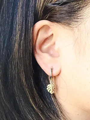 Monstera Hoop Earrings - 14K Gold-Plated Huggie Hoops with Small Tropical Leaf Charm for Women, Lightweight Jewelry for Everyday Wear, Plant Lover Gift