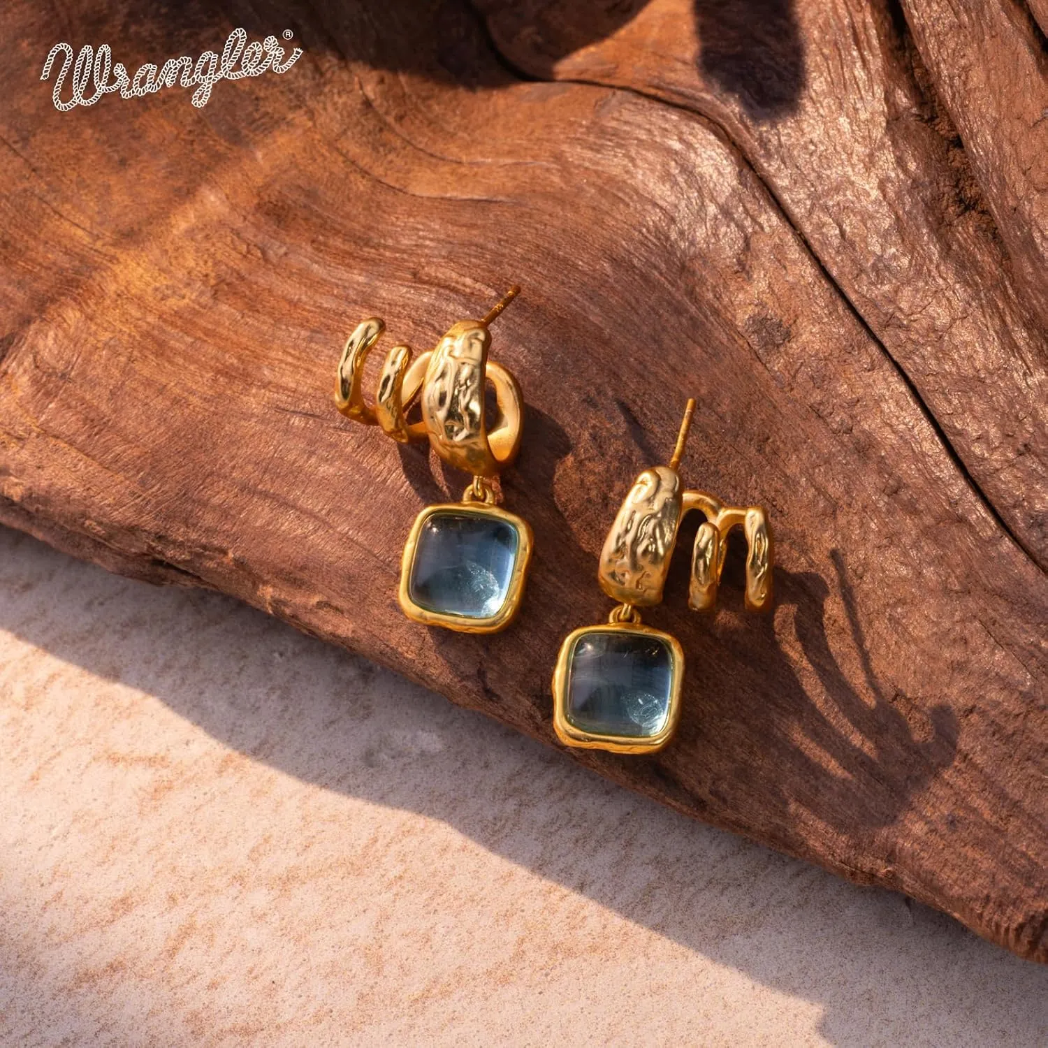 Montana West x Wrangler Square Dangle Drop Earrings for Women Gold Plated Unique Retro Huggie Hoop Lightweight Danity Jewelry with Ear Cuff