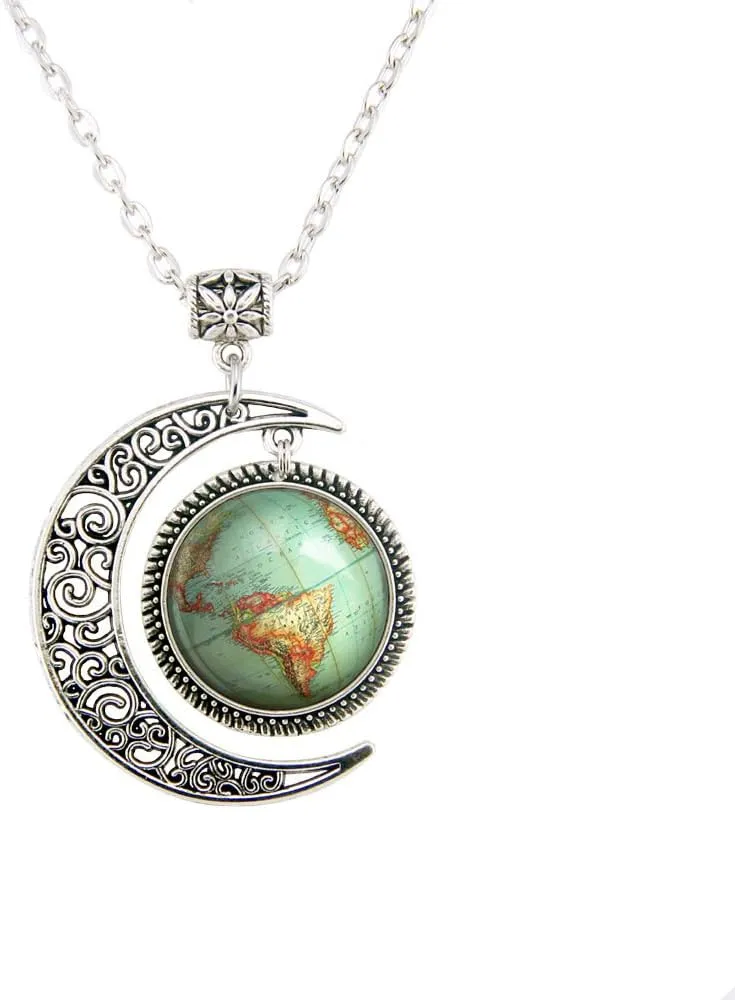 Moon jewelry Vintage Globe necklace Planet Earth World Map Art pendant World Map necklace BFF Gifts
