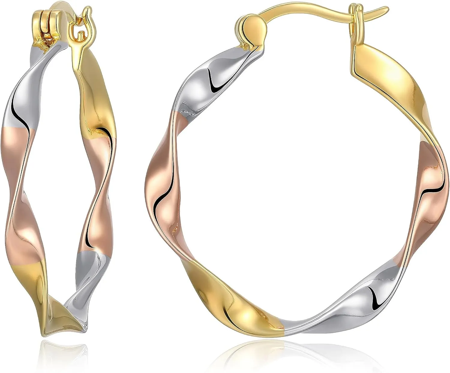 MORGAN & PAIGE .925 Sterling Silver Rhodium, 14K Rose Gold & 18K Yellow Gold Plated Three-Tone Twisted Silver Hoop Earrings for Women - Lightweight Gold Earrings for Women with Secure Latch Back Clasp