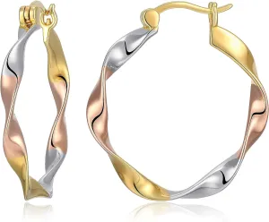 MORGAN & PAIGE .925 Sterling Silver Rhodium, 14K Rose Gold & 18K Yellow Gold Plated Three-Tone Twisted Silver Hoop Earrings for Women - Lightweight Gold Earrings for Women with Secure Latch Back Clasp