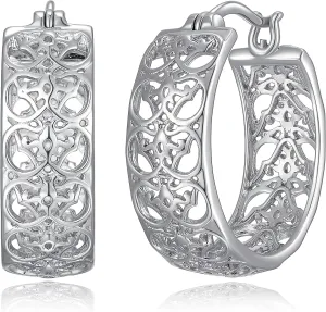 MORGAN & PAIGE .925 Sterling Silver Rhodium Plated Openwork Filigree Round Hoop Earrings for Women - Hypoallergenic Intricate Filigree Design Sterling Silver Earrings, Secure Hinged Snap-Back Closure