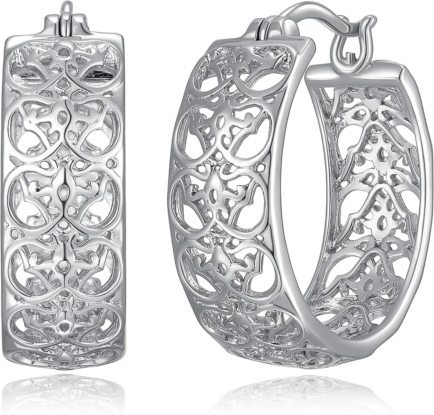 MORGAN & PAIGE .925 Sterling Silver Rhodium Plated Openwork Filigree Round Hoop Earrings for Women - Hypoallergenic Intricate Filigree Design Sterling Silver Earrings, Secure Hinged Snap-Back Closure