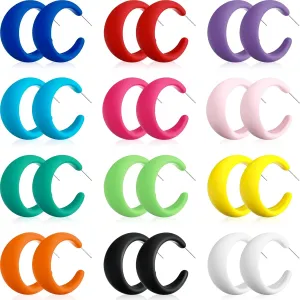 MTLEE 12 Pairs 80s 90s Neon Earrings Acrylic Matte Colorful Hoop Earrings for 80s Outfit Glow Party Accessories