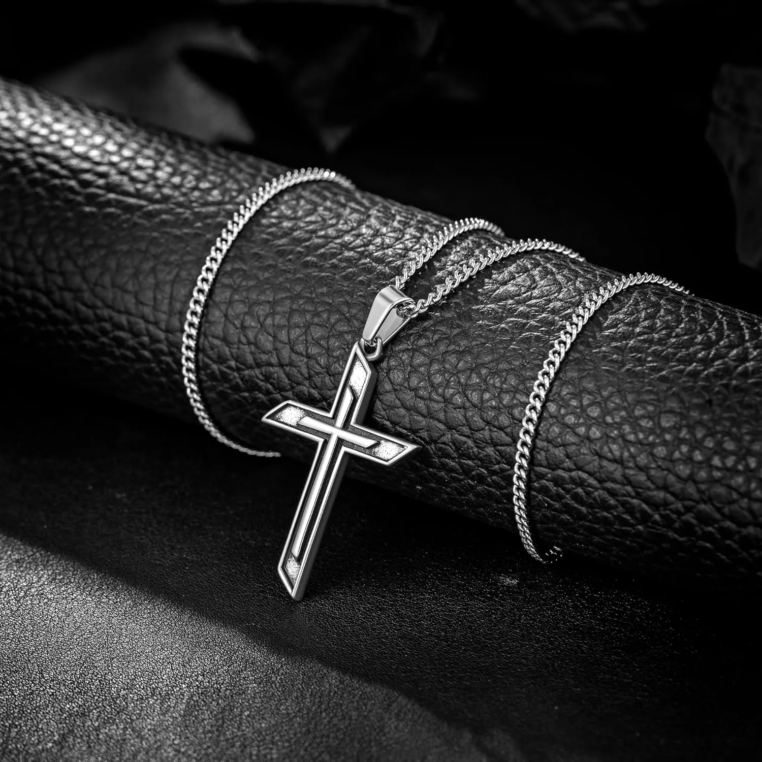murtoo Two Layer Cross Necklace for Men, Antique Silver Mens Necklace with Carved Cross Pendant, Stainless Steel Cross Necklace