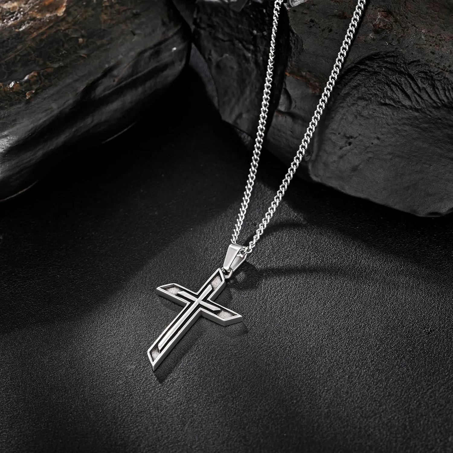 murtoo Two Layer Cross Necklace for Men, Antique Silver Mens Necklace with Carved Cross Pendant, Stainless Steel Cross Necklace