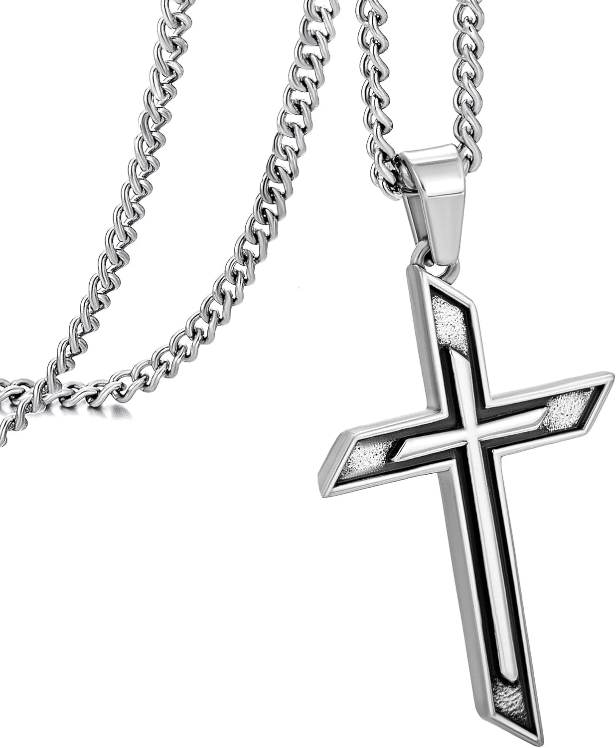 murtoo Two Layer Cross Necklace for Men, Antique Silver Mens Necklace with Carved Cross Pendant, Stainless Steel Cross Necklace