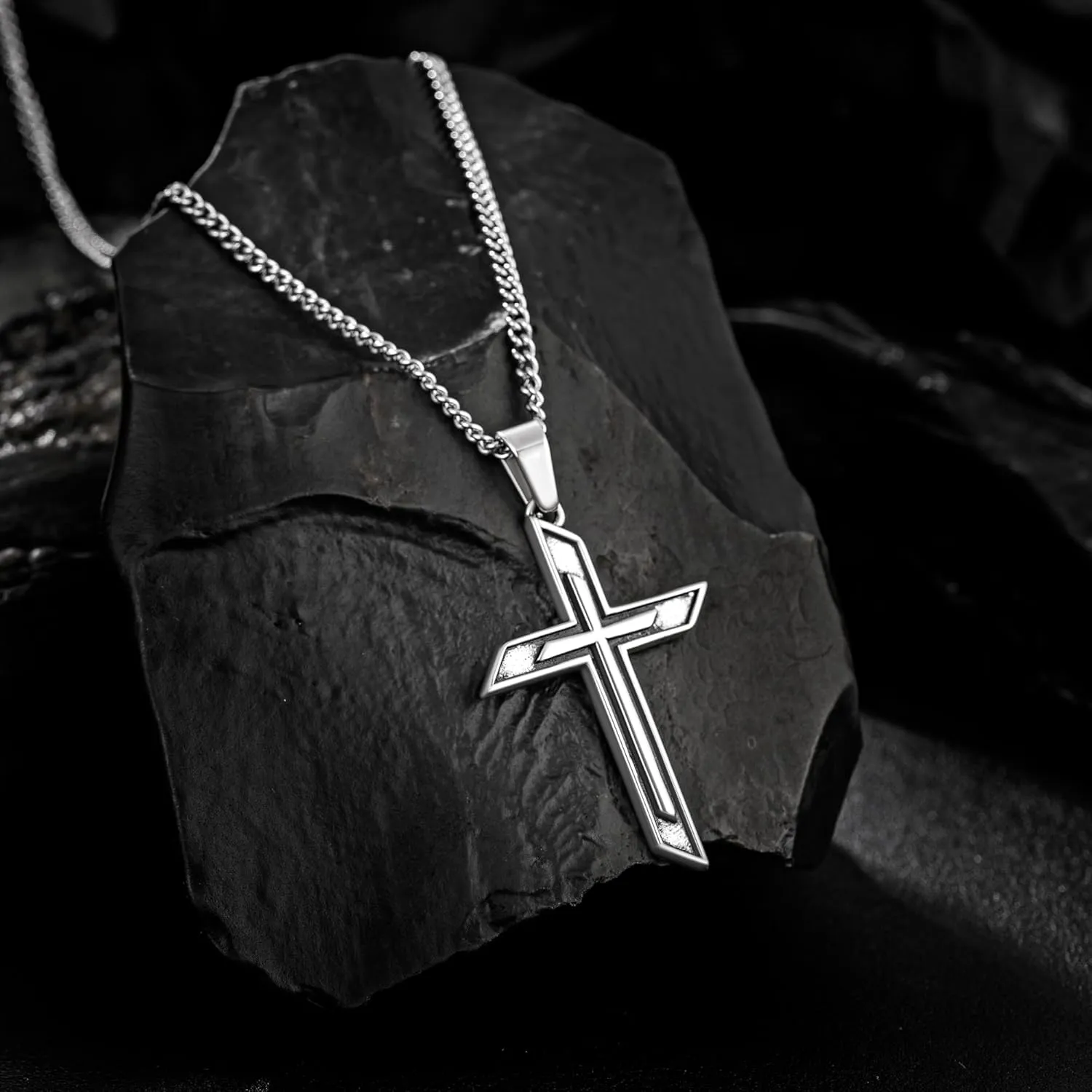 murtoo Two Layer Cross Necklace for Men, Antique Silver Mens Necklace with Carved Cross Pendant, Stainless Steel Cross Necklace