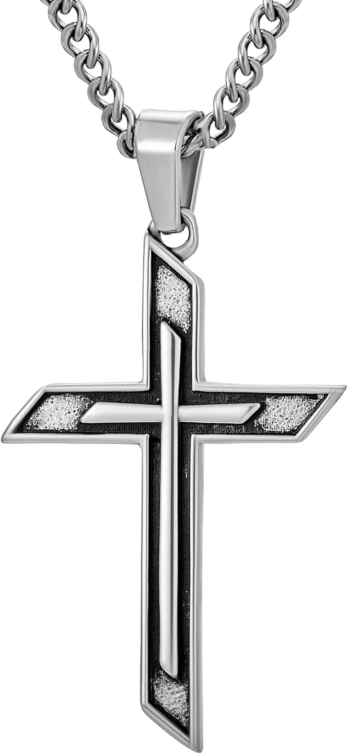 murtoo Two Layer Cross Necklace for Men, Antique Silver Mens Necklace with Carved Cross Pendant, Stainless Steel Cross Necklace